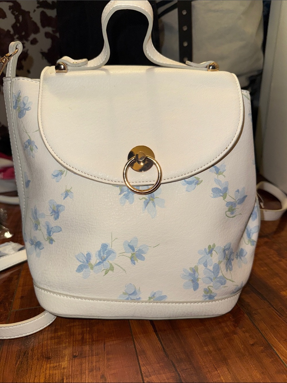 LC Lauren Conrad White Backpack with Light Blue Floral Print